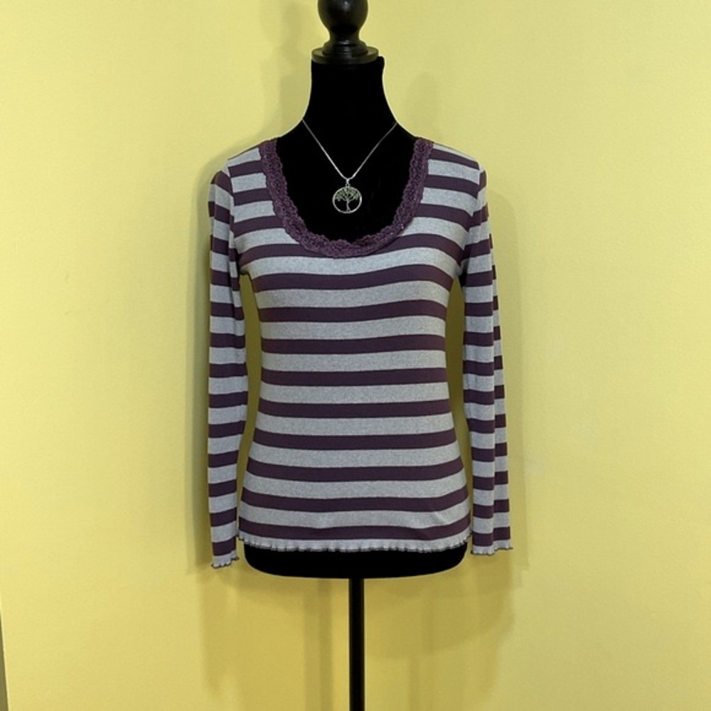 Lena Petites Striped Lace-Trimmed Scoop-Neck Long Sleeve Top Size Petite Medium